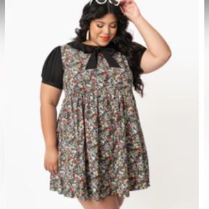 NWT Unique Vintage Floral Arden Babydoll Dress with Black Peter Pan Collar 1X 16